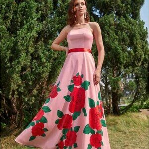 PINK ELEGANT FLORAL MAXI SATIN DRESS